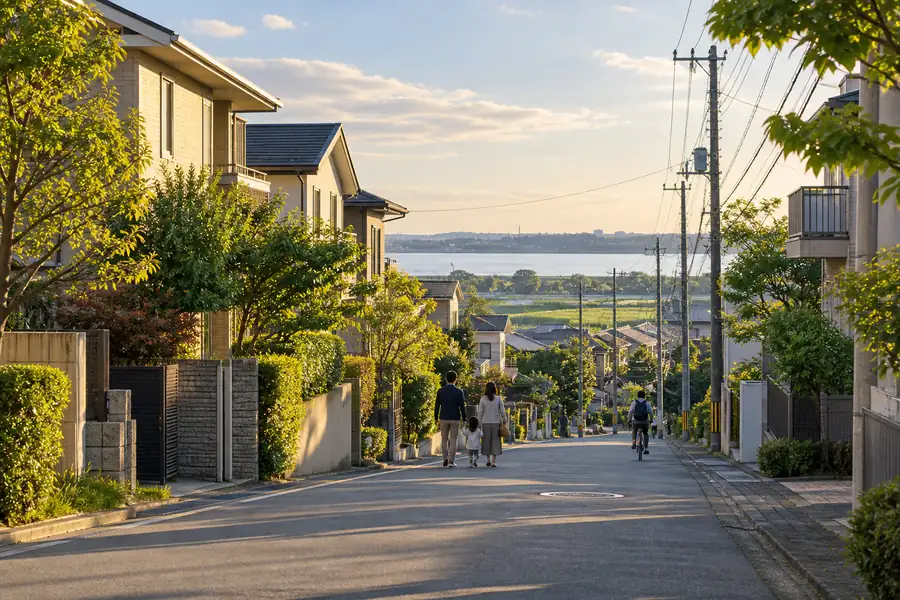 緑の多い住宅地の坂道を描いた、我孫子市の住宅地をイメージして生成した画像