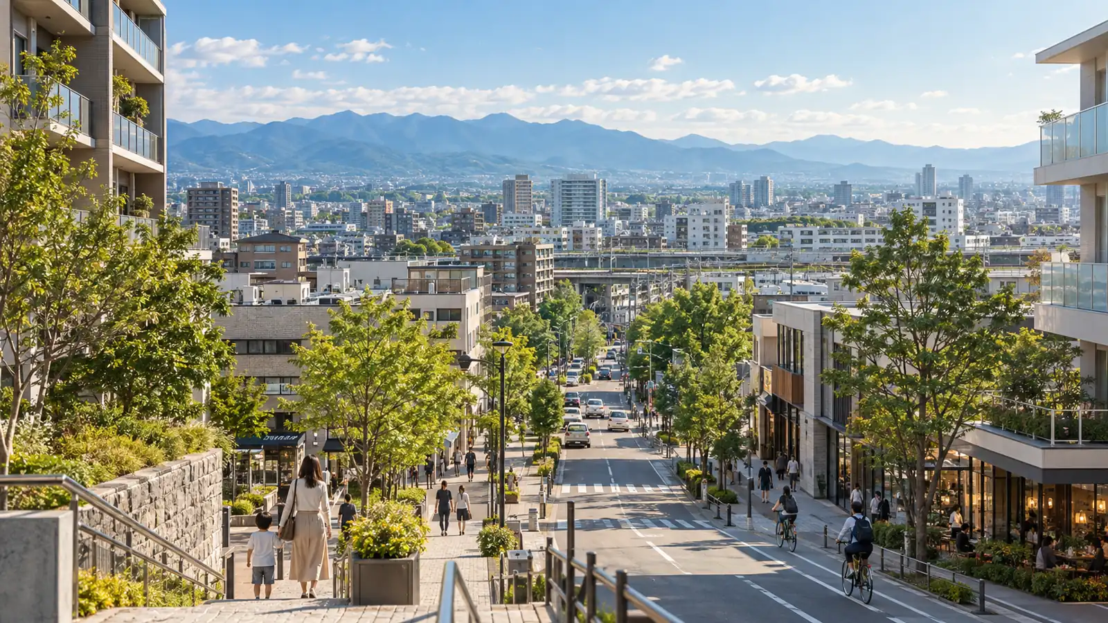 街路樹のある通りの先に市街地と山並みが広がる、高崎市をイメージして生成した街並みの画像
